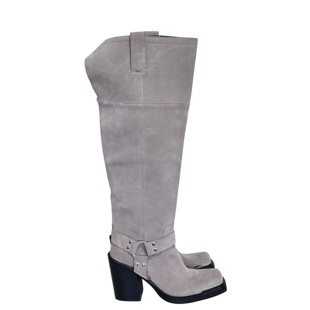 Jeffrey Campbell Mazatlan Harness Boots 9 Gray Suede Western Moto Over The Knee